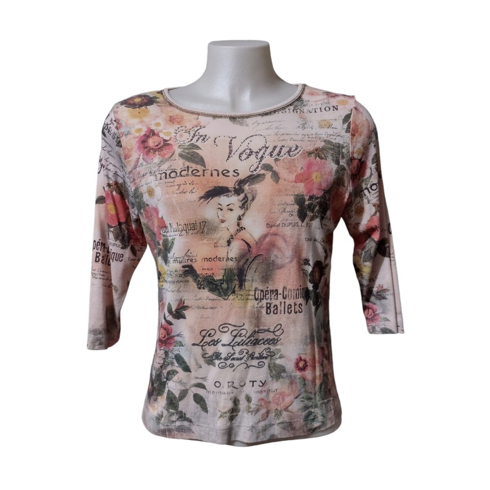 C. J. Banks Shirt Women's Size X Cotton T Shirt 3/4 Sleeves Beaded In Vogue - Picture 3 of 12